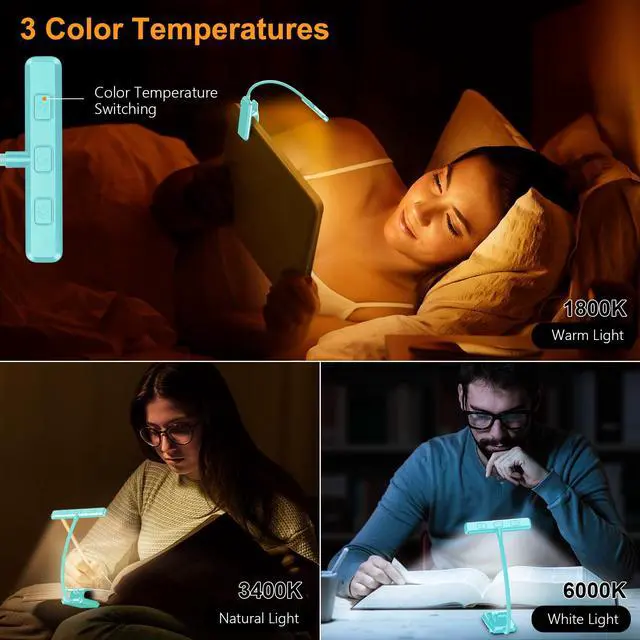 Alt view image 3 of 7 - 19 LED Rechargeable Book Light for Reading in Bed with Memory Function- Eye Caring 3 Color Temperatures,Stepless Dimming Brightness,90 Hrs Runtime Clip on Light for Book Lovers-Blue