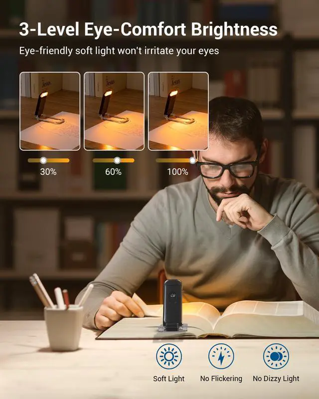 Alt view image 2 of 7 - Book Light, Amber Warm Clip On LED with 3 Adjustable Brightness for Eye Protection, Rechargeable USB Long Lasting Reading Light, Gifts for Bookworms, Kids (Black)
