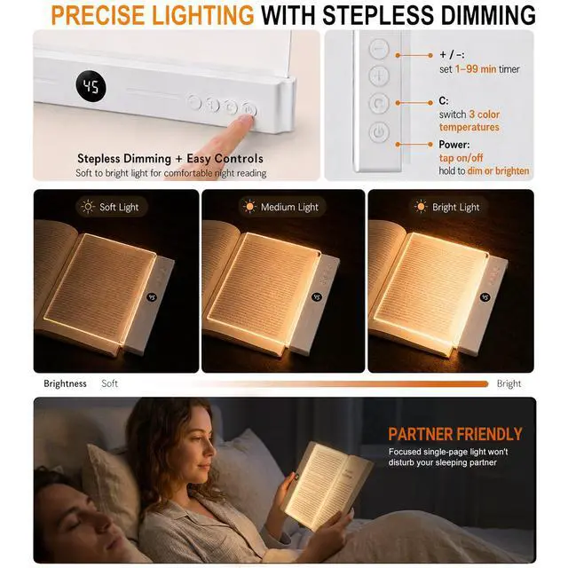 Alt view image 2 of 7 - 30 LED Book Light for Reading at Night in Bed, Rechargeable Book Page Light, 3 Color Temperatures, Stepless Dimming, 1-99 Min Timer, 2-in-1 Reading Light Light & Night Light, Gift for Readers White