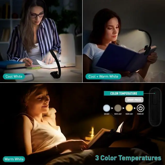 Alt view image 3 of 7 - Rechargeable Book Light - 9LED Vertical Reading Light w/ 9 Color Temp, Stepless Dimming, 50H Battery, USB-C, Clip & Magnet - Gift for Book Lovers