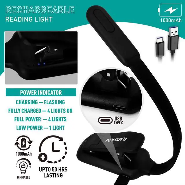 Alt view image 6 of 7 - Rechargeable Book Light - 9LED Vertical Reading Light w/ 9 Color Temp, Stepless Dimming, 50H Battery, USB-C, Clip & Magnet - Gift for Book Lovers
