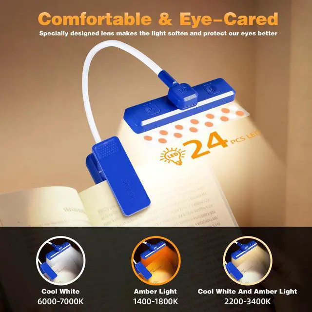 Alt view image 3 of 6 - Rechargeable Book Light Rotatable24 LEDs Reading Light, 3-Color & 9-Brightness Book Lamp, Eye Cared 120Hrs Runtime Lightweight Clip on Led Light for Book Lovers (Royal Blue)