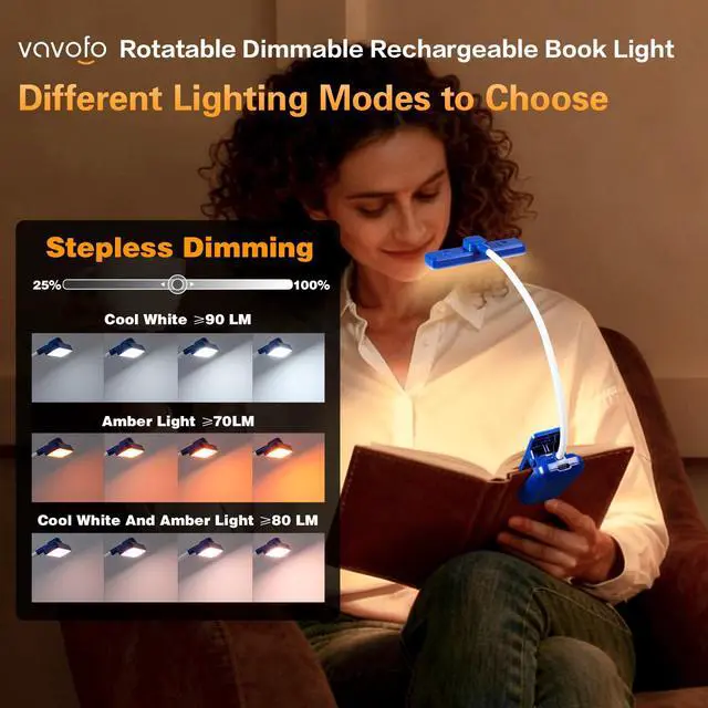 Alt view image 4 of 6 - Rechargeable Book Light Rotatable24 LEDs Reading Light, 3-Color & 9-Brightness Book Lamp, Eye Cared 120Hrs Runtime Lightweight Clip on Led Light for Book Lovers (Royal Blue)