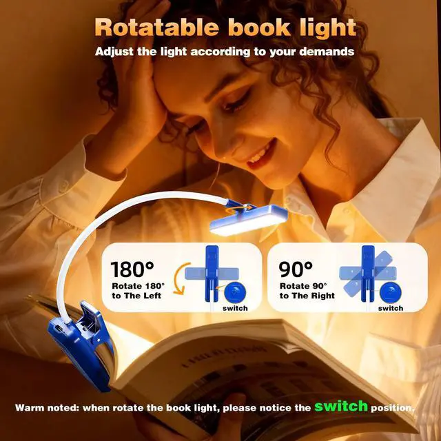 Alt view image 5 of 6 - Rechargeable Book Light Rotatable24 LEDs Reading Light, 3-Color & 9-Brightness Book Lamp, Eye Cared 120Hrs Runtime Lightweight Clip on Led Light for Book Lovers (Royal Blue)