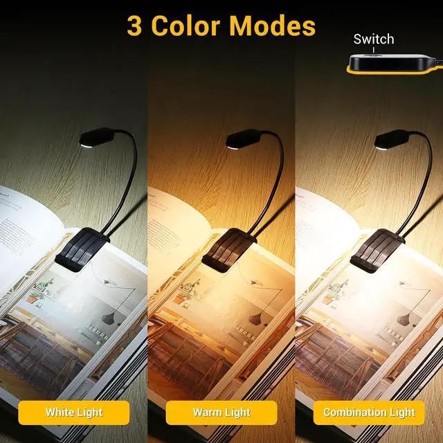 Alt view image 5 of 7 - 2 Pack Rechargeable Book Lights for Reading at Night, Eye-Caring Clip-On Reading Lights with 3 Color Temperatures & 3 Brightness Levels, Long Runtime Small Lightweight Clip on Lamp, Gifts for Reader