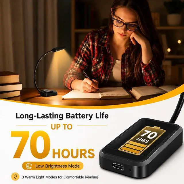 Alt view image 6 of 7 - 2 Pack Rechargeable Book Lights for Reading at Night, Eye-Caring Clip-On Reading Lights with 3 Color Temperatures & 3 Brightness Levels, Long Runtime Small Lightweight Clip on Lamp, Gifts for Reader