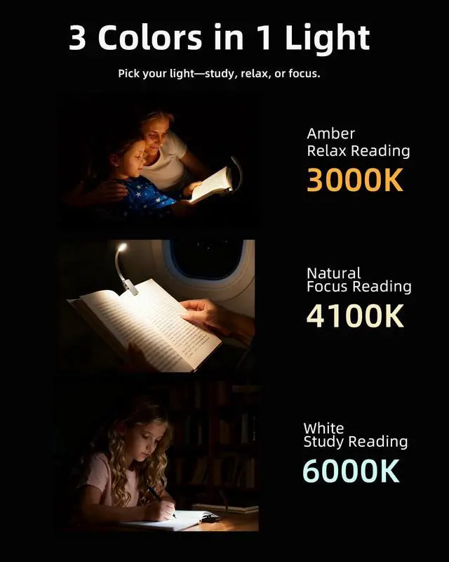 Alt view image 2 of 6 - Book Lights for Reading at Night,Reading Light,Clip-On Led Reading Light with 3 Colors & Stepless Dimming,Portable and Ultra-Lightweight with Long Runtime (Black)