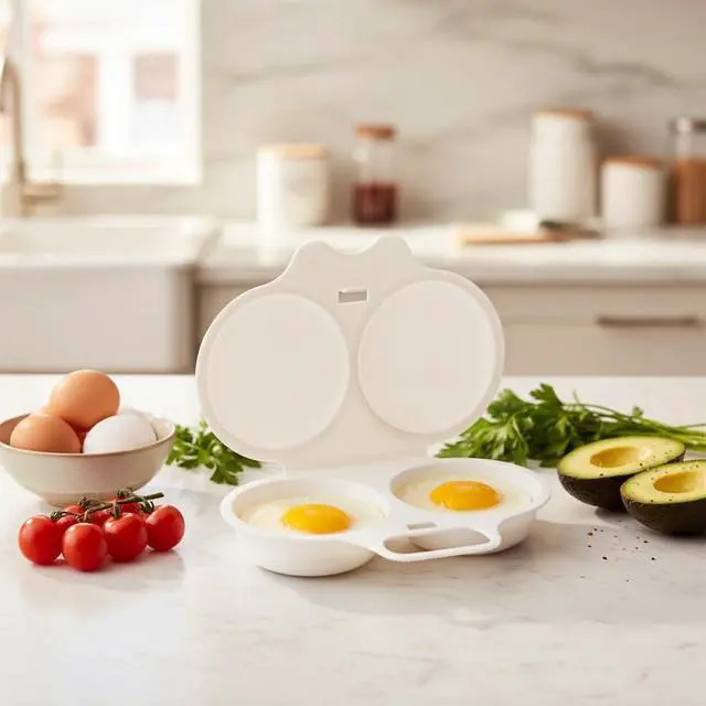 Alt view image 2 of 7 - 1Pc White Egg Poacher, Microwave Egg Boiler Poacher, 2 Cavity Nonstick Poached Egg Maker With Lid, Egg Poacher Microwave Egg Cooker, Double Drain Poached Egg Cups Cookware13 * 5cm