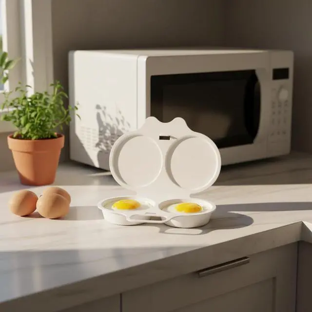 Alt view image 3 of 7 - 1Pc White Egg Poacher, Microwave Egg Boiler Poacher, 2 Cavity Nonstick Poached Egg Maker With Lid, Egg Poacher Microwave Egg Cooker, Double Drain Poached Egg Cups Cookware13 * 5cm