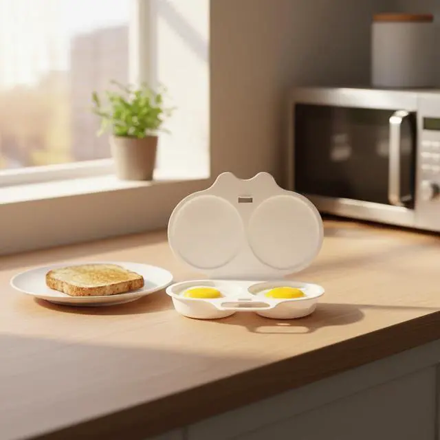 Alt view image 4 of 7 - 1Pc White Egg Poacher, Microwave Egg Boiler Poacher, 2 Cavity Nonstick Poached Egg Maker With Lid, Egg Poacher Microwave Egg Cooker, Double Drain Poached Egg Cups Cookware13 * 5cm