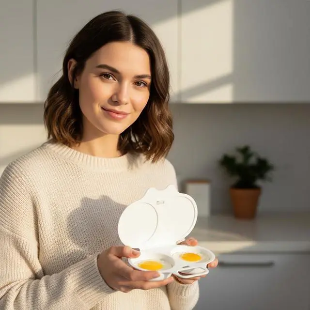 Alt view image 5 of 7 - 1Pc White Egg Poacher, Microwave Egg Boiler Poacher, 2 Cavity Nonstick Poached Egg Maker With Lid, Egg Poacher Microwave Egg Cooker, Double Drain Poached Egg Cups Cookware13 * 5cm
