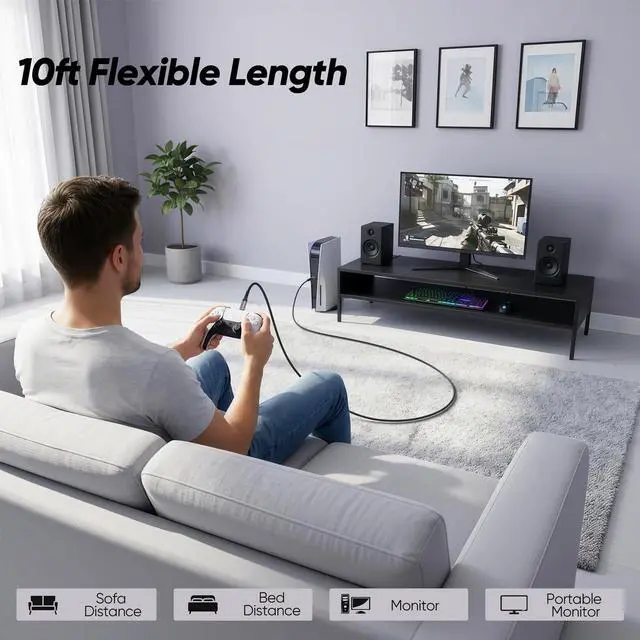 Alt view image 2 of 7 - USB C 3.2 Gen 2 Cable 10ft Long, 4K@60Hz Video Monitor Display 10Gbps High Speed Data Transfer 100W Fast Charging Cord for PS5 Xbox Steam Deck iPhone 17 Galaxy S26 Laptop Monitor