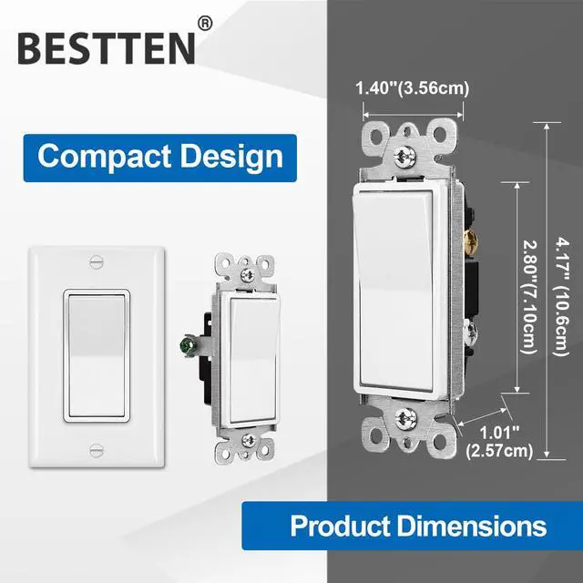 Alt view image 5 of 7 - 10 Pack Single Pole Decorator Light Switch with Wallplate, 15A 120/277V, Rocker Paddle Wall Switch, On/Off Interrupter for LED and Other Lamps