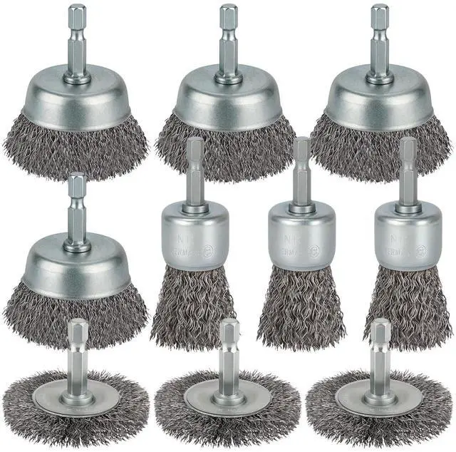 Main image of 10 Pcs Wire Brush for Drill, Coarse Carbon Steel Crimping Wire Wheel | 1/4 Inch Hex Shank, Cup Brush Drill Bit for Cleaning Rust, Stripping and Abrasive