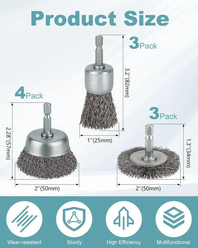 Alt view image 2 of 6 - 10 Pcs Wire Brush for Drill, Coarse Carbon Steel Crimping Wire Wheel | 1/4 Inch Hex Shank, Cup Brush Drill Bit for Cleaning Rust, Stripping and Abrasive
