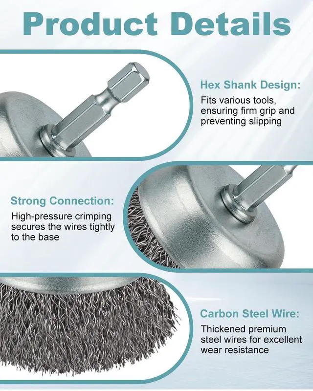 Alt view image 4 of 6 - 10 Pcs Wire Brush for Drill, Coarse Carbon Steel Crimping Wire Wheel | 1/4 Inch Hex Shank, Cup Brush Drill Bit for Cleaning Rust, Stripping and Abrasive