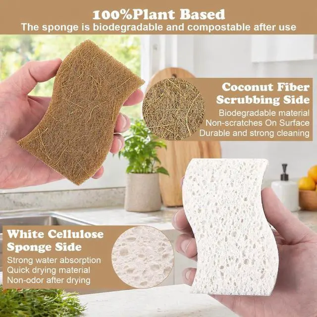 Alt view image 6 of 7 - 12 Pack Kitchen Sponges Non Scratch Dish Sponge, Plant Based Scrub Sponge for Dishes, Reusable Cleaning Sponge for Kitchen Sink, Absorbent Dishwashing Sponges