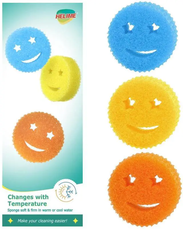 Main image of Dish Scrub Sponges, Non-Scratch Temperature Controlled Smiley Color Sponge | Scrubber Dishwasher Safe for Household Cleaning, Kitchen, Bathroom, Stain Odor Resistant Polymer Multi-Functional Bulk Pads