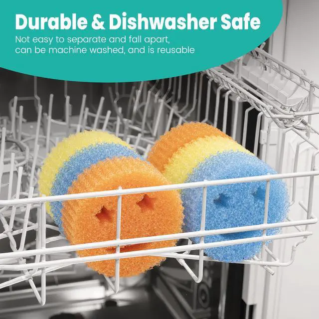Alt view image 3 of 7 - Dish Scrub Sponges, Non-Scratch Temperature Controlled Smiley Color Sponge | Scrubber Dishwasher Safe for Household Cleaning, Kitchen, Bathroom, Stain Odor Resistant Polymer Multi-Functional Bulk Pads