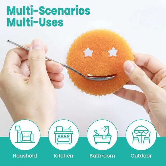 Alt view image 6 of 7 - Dish Scrub Sponges, Non-Scratch Temperature Controlled Smiley Color Sponge | Scrubber Dishwasher Safe for Household Cleaning, Kitchen, Bathroom, Stain Odor Resistant Polymer Multi-Functional Bulk Pads