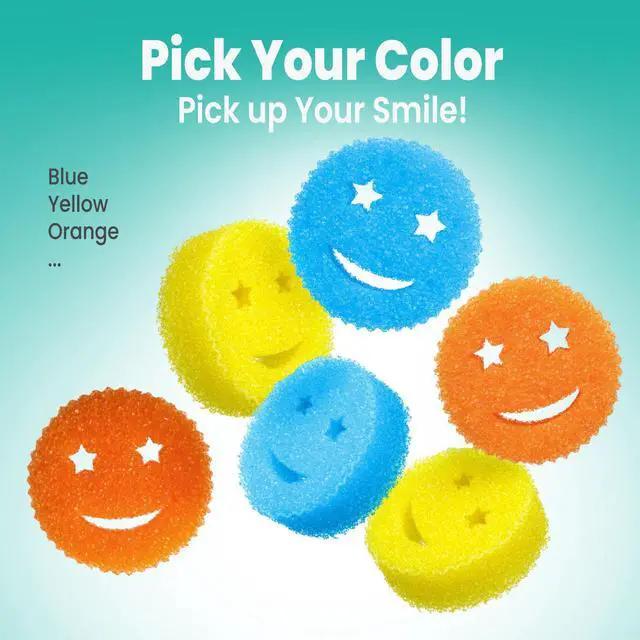 Alt view image 7 of 7 - Dish Scrub Sponges, Non-Scratch Temperature Controlled Smiley Color Sponge | Scrubber Dishwasher Safe for Household Cleaning, Kitchen, Bathroom, Stain Odor Resistant Polymer Multi-Functional Bulk Pads