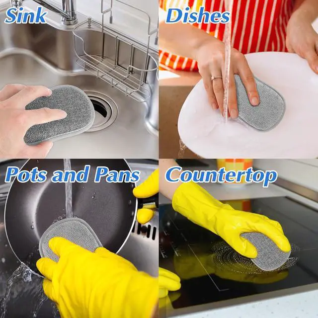 Alt view image 5 of 7 - 6 Pack Multipurpose Dish Scrubber Sponges, Non Scratch Sponge Microfiber Side for Dish Rough Side for Non Stick Cookware Reusable Sponge Scrub Sponge Dishcloth for Sink Pan Pot Countertop(Grey)