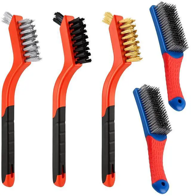 Main image of 5PCS Wire Brush Set 2 Heavy-Duty Steel Brushes with Rubber Handle & 3 Brass/Nylon/Stainless Steel Bristle Brushes for Rust, Paint & Grill Cleaning