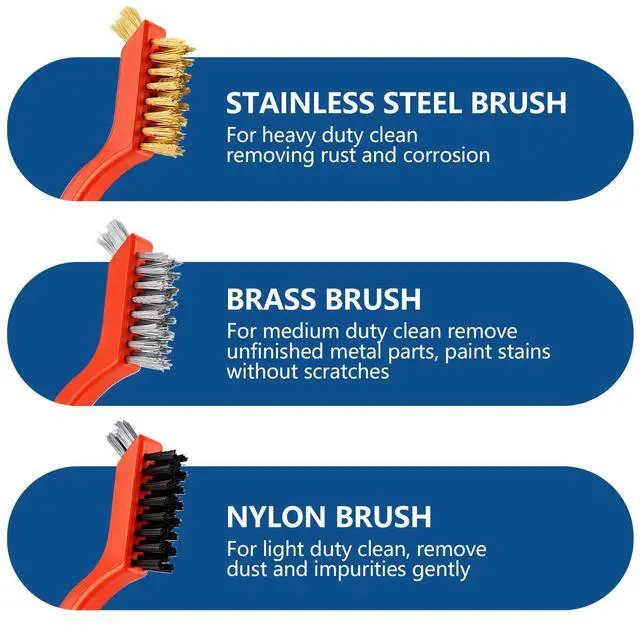 Alt view image 4 of 7 - 5PCS Wire Brush Set 2 Heavy-Duty Steel Brushes with Rubber Handle & 3 Brass/Nylon/Stainless Steel Bristle Brushes for Rust, Paint & Grill Cleaning