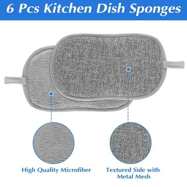 Alt view image 3 of 7 - 6 Pack Multipurpose Dish Scrubber Sponges, Non Scratch Sponge Microfiber Side for Dish Rough Side for Non Stick Cookware Reusable Sponge Scrub Sponge Dishcloth for Sink Pan Pot Countertop(Grey)