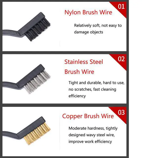 Alt view image 6 of 7 - 3Pcs Mini Wire Brush Set for Cleaning and Rust Removing, 7 Inch Industrial Wire Brushes of Stainless Steel/Nylon/Brass Bristles