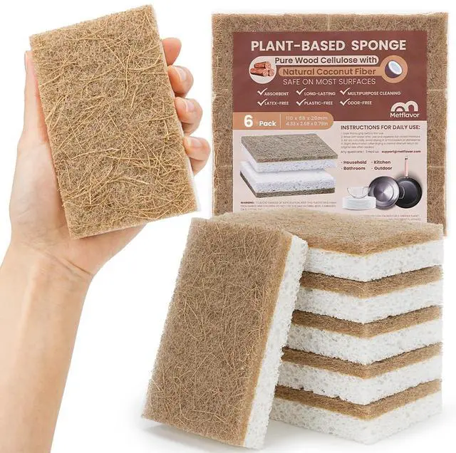 Main image of Kitchen Sponges, 6 Count, Natural Sponge with Coconut Scrubber | Plant-Based, Non-Toxic, Biodegradable & Compostable, Non-Scratch, All-Purpose Cleaning