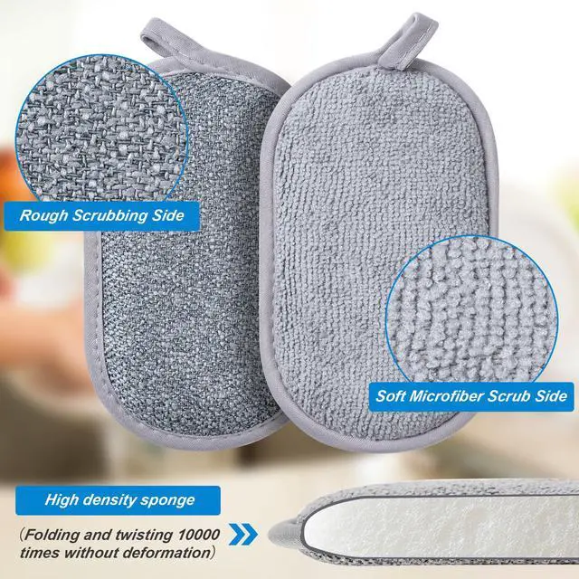 Alt view image 2 of 7 - Non Scratch Scrub Sponge-6pack, Dual-Sided Sponges Kitchen(M,Gray) | Reusable Microfiber Sponge for Efficiently Cleaning Dishes, High Density Sponge Inside