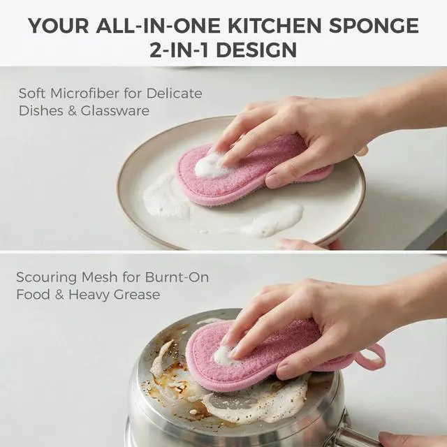 Alt view image 4 of 7 - Dual Sided Kitchen Sponges and Scrubbers 10-Pack, Microfiber Non-Scratch Scouring Pads for Dishes, Pots, Pans, Stainless Steel, Glass Cooktops & Countertops