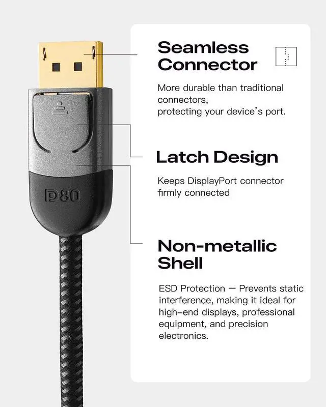 Alt view image 4 of 7 - Maya 80Gbps DisplayPort 2.1 Cable DP80 (5ft 1.5m)
