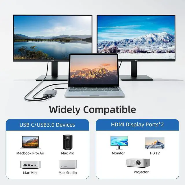 Alt view image 5 of 7 - USB C to Dual HDMI Adapter, 4K@30Hz Supports Dual Monitor Expansion for Apple Mac M1/M2/M3, USB3.0 Hub Multiple Displays, Driver Required