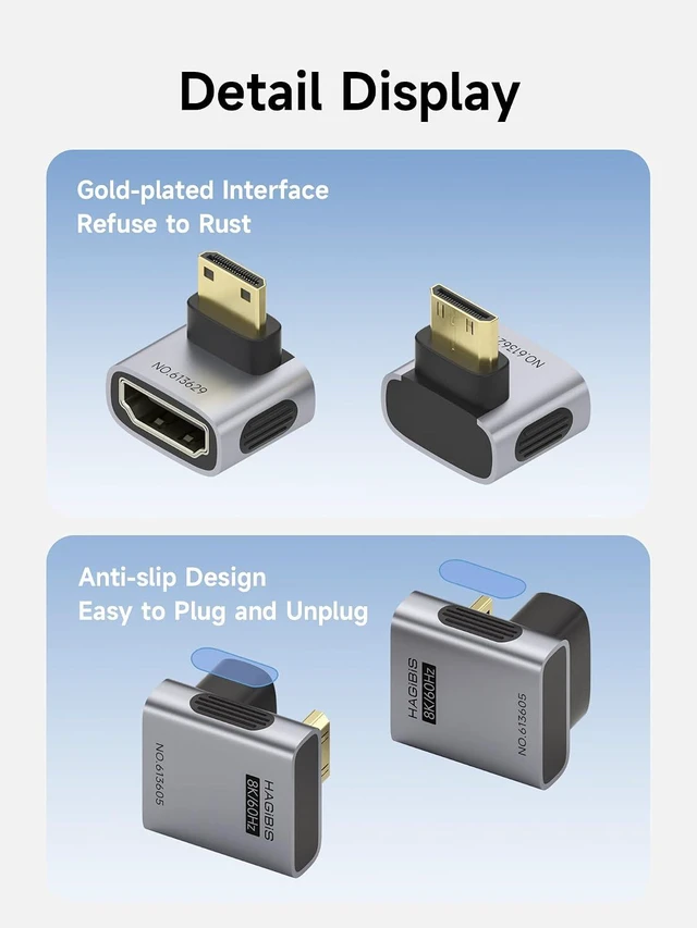 Alt view image 5 of 6 - Hagibis Mini HDMI to HDMI Adapter 2 Pack, 8K@60Hz 4K@240Hz L-Shaped 90 Degree Mini HDMI Male to HDMI Female Extension Connector Conventer for Portable Monitor (L-Shaped Front)