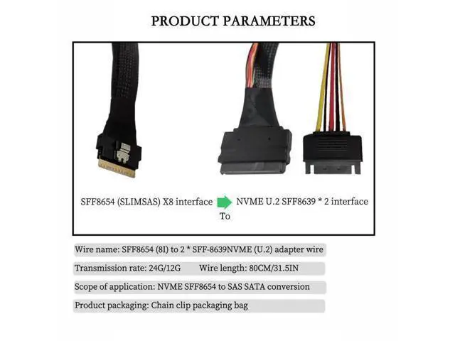 Alt view image 3 of 6 - SFF8654 8i to Dual SFF8639 NVMe (U.2) Cable, 80cm SlimSAS to SAS/SATA Data Transfer Cable Compatible with NVMe SSDs