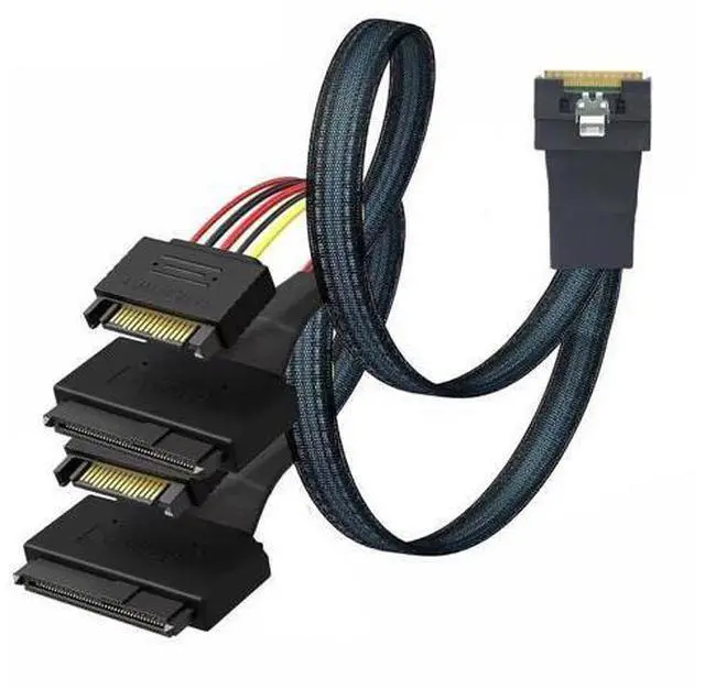Main image of 0.5m Slimline SFF8654 8i to Dual SFF8639 U.2 + 15Pin Cable, 24Gbps HighSpeed Server Interconnect, 85Ohm Copper Wire