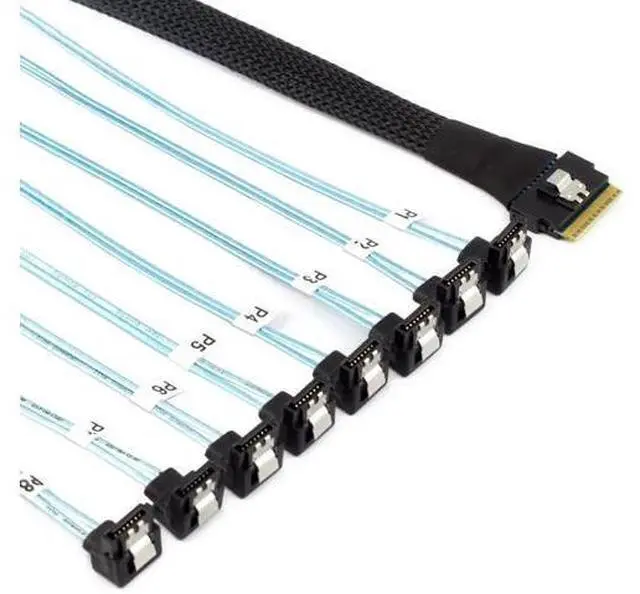 Main image of 0.5M PCIe Slimline SAS SFF8654 8i to 8×SATA 90 Degree Server Cable, 24Gbps HighSpeed 32AWG 8Channel Hard Drive Data Transfer Cord