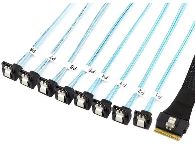 Alt view image 3 of 6 - 0.5M PCIe Slimline SAS SFF8654 8i to 8×SATA 90 Degree Server Cable, 24Gbps HighSpeed 32AWG 8Channel Hard Drive Data Transfer Cord