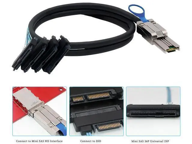 Alt view image 3 of 5 - Mini SAS HD SFF8088 26Pin to 4×SFF8482 Server Breakout Cable, 6Gbps HighSpeed 26Pin to 4Port Data Cord, 28AWG Copper Wire, 1M