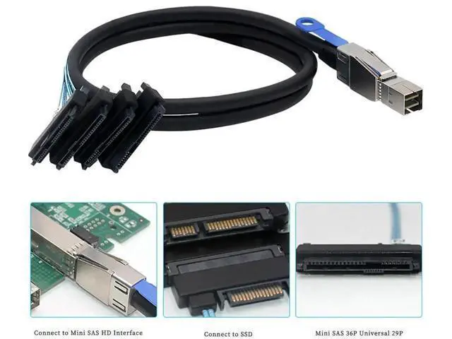 Alt view image 5 of 5 - Compatible Mini SAS HD SFF8644 to SFF8482 29Pin 2in1 SATA Hard Drive Data Cable, 28AWG Copper, 12Gbps HighSpeed Harness, 1m/39.37in