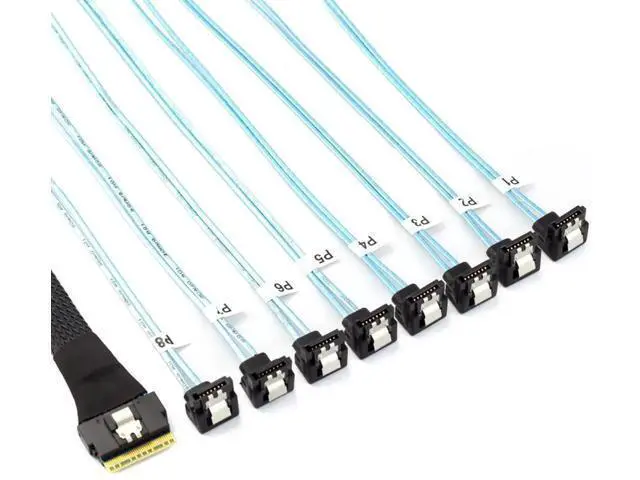 Main image of PCIe Slimline SAS SFF8654 8i to 8×90Degree SATA Server Fanout Cable, 24Gbps HighSpeed 8Channel Hard Drive Data Cord, 32AWG, 0.8M