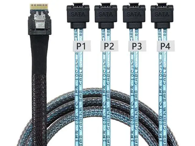 Alt view image 2 of 6 - PCIe Slimline SAS 4.0 38Pin SFF8654 4i to 4×90Degree Female SATA Server Cable, 30AWG HighSpeed Internal Harness, 1m / 39.37in