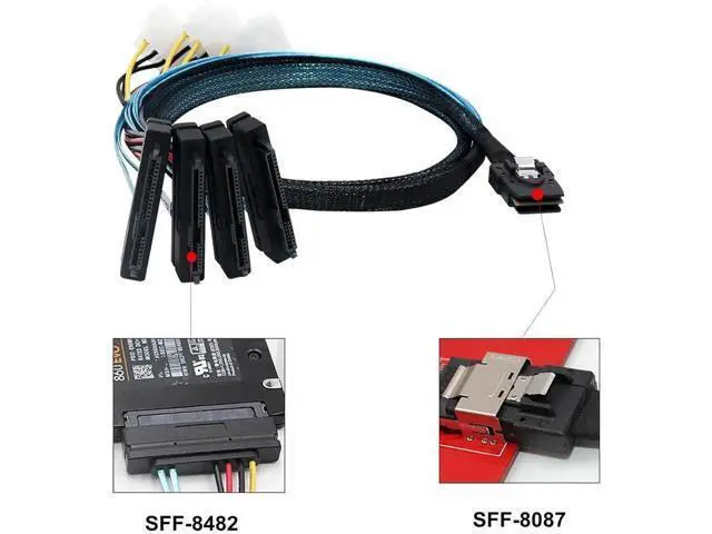 Alt view image 2 of 7 - MiniSAS to SAS Breakout Cable, SFF8087 to 4×SFF8482 with SATA Power Adapter & Extra 4×4Pin Power Cable, 1M/3.3FT, 2Pack