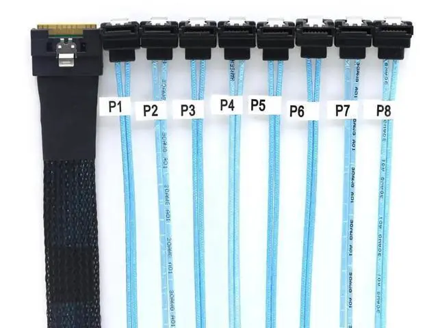 Main image of PCIE Slimline SAS SFF8654 8i to 8×SATA 90Degree Fanout Cable, FullCover AntiMisplug Design, 24Gbps HighSpeed Server Data Cable, 1m / 39.37in