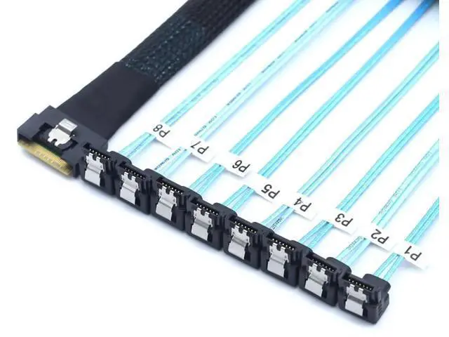 Alt view image 2 of 6 - PCIE Slimline SAS SFF8654 8i to 8×SATA 90Degree Fanout Cable, FullCover AntiMisplug Design, 24Gbps HighSpeed Server Data Cable, 1m / 39.37in