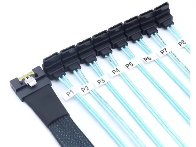 Alt view image 3 of 6 - PCIE Slimline SAS SFF8654 8i to 8×SATA 90Degree Fanout Cable, FullCover AntiMisplug Design, 24Gbps HighSpeed Server Data Cable, 1m / 39.37in