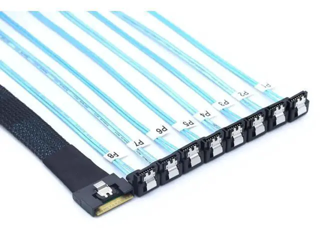 Alt view image 6 of 6 - PCIE Slimline SAS SFF8654 8i to 8×SATA 90Degree Fanout Cable, FullCover AntiMisplug Design, 24Gbps HighSpeed Server Data Cable, 1m / 39.37in