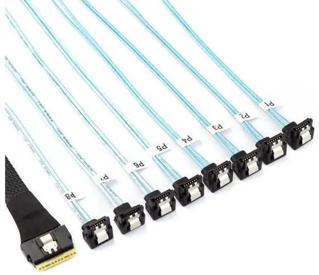Main image of PCIe Slimline SAS SFF8654 8i to 8Port 90Degree SATA Server Cable, 24Gbps HighSpeed 32AWG 8Channel Hard Drive Data Transfer Cord, 1M